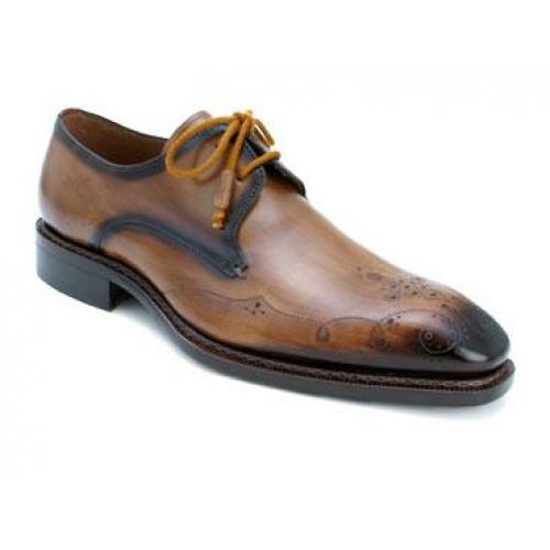 Mezlan "Soprano" Tan Genuine Italian Calfskin Oxford Shoes With Unique Perforated Line Design